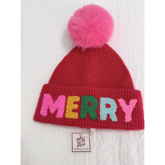Shiraleah Merry Pom Pom Beanie Red Pink Chenille Holiday Hat NWT - Picture 2 of 6
